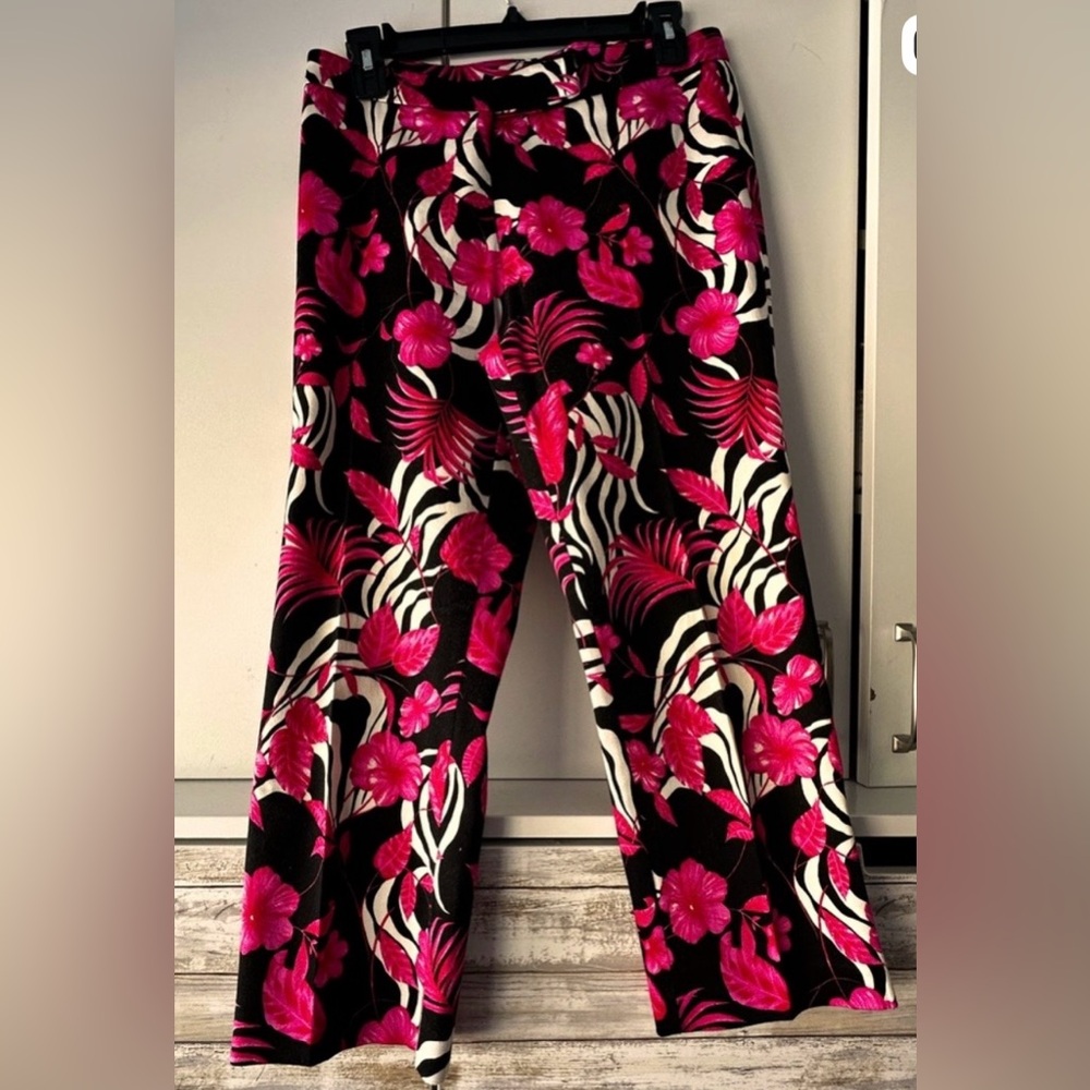 🌺 Cache Floral Zebra Print Cropped Pants Size 10 Ankle Zippers